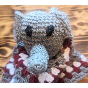 Handmade Crochet  Elephant Ragdoll Lovey Security Blanket Gray Red 13" X 12"